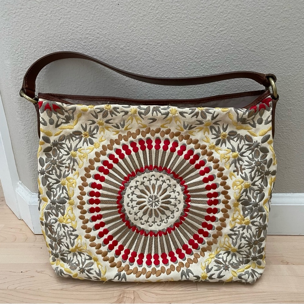 COLE HAAN Women's Sierra Embroidery Carryall Purse O/S Red Gold Multicolor Boho